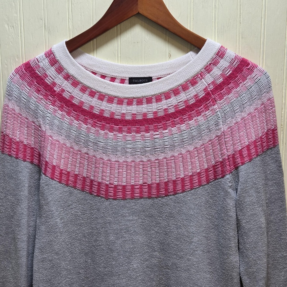 Talbots Sweater Womens XS Gray Pink Striped Crew Neck Long Sleeve Knit Pullover